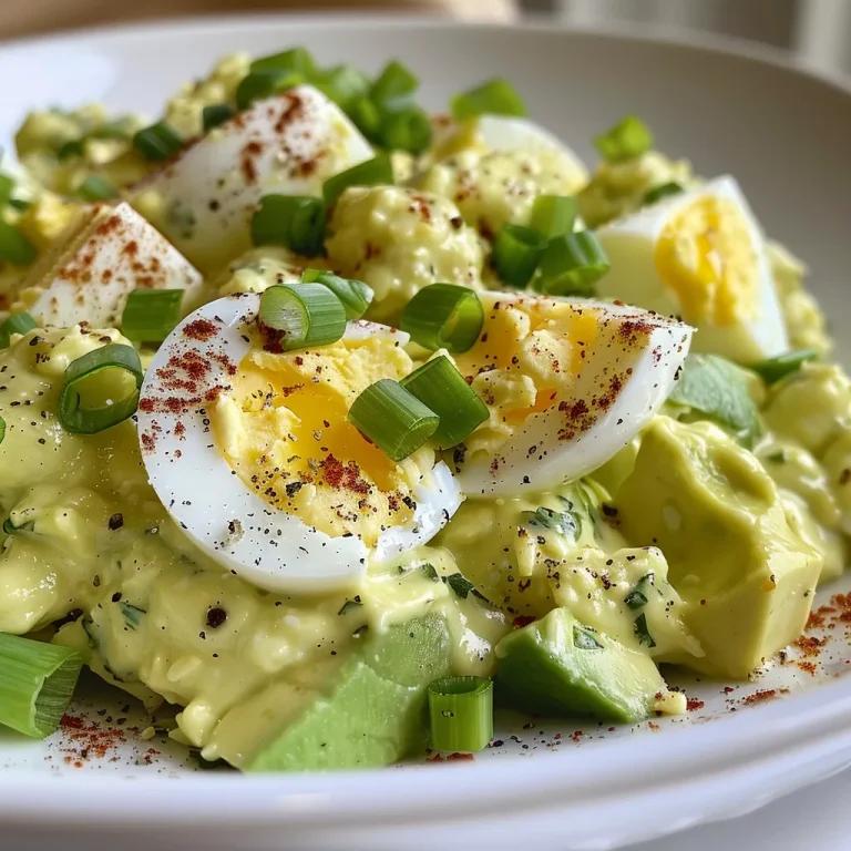 Uma tigela de salada de abacate e ovo, com ovos cozidos e pedaços de abacate.