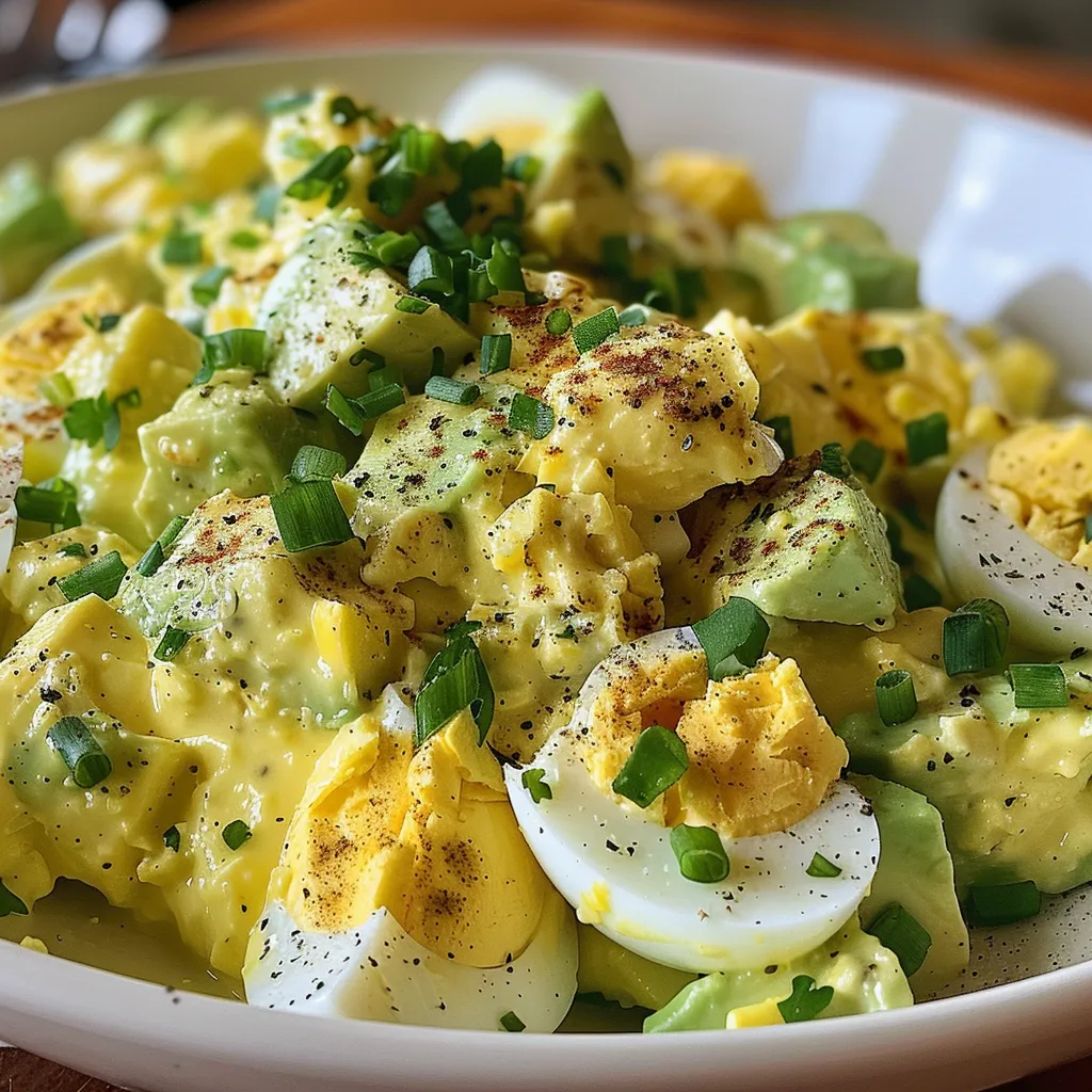 Close-up de um café da manhã saudável com ovos, abacate e cebola verde.