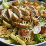 Close-up of Chicken Caesar Pasta Salad with vibrant colors and textures.
