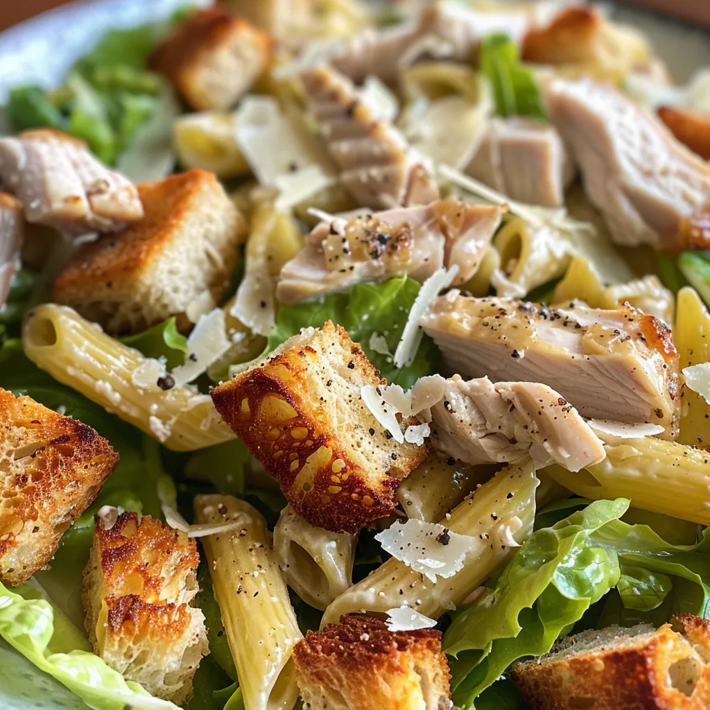 Side view of a delicious Chicken Caesar Pasta Salad served in a bowl.