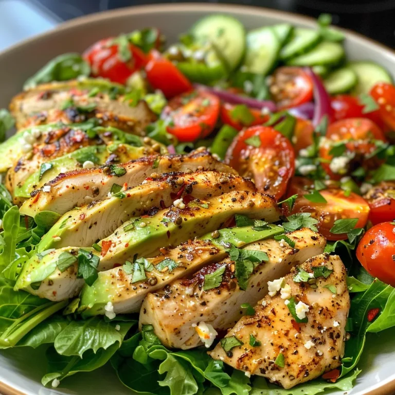 Salada de frango grelhado com abacate em uma tigela, vista lateral.