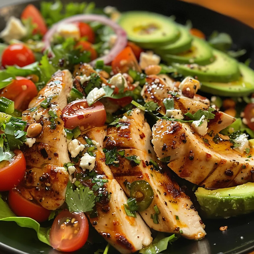 Close-up de uma tigela de salada com frango grelhado, abacate e vegetais frescos.