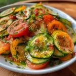 Close-up of a vibrant cucumber and tomato salad with fresh ingredients, viewed from the side.