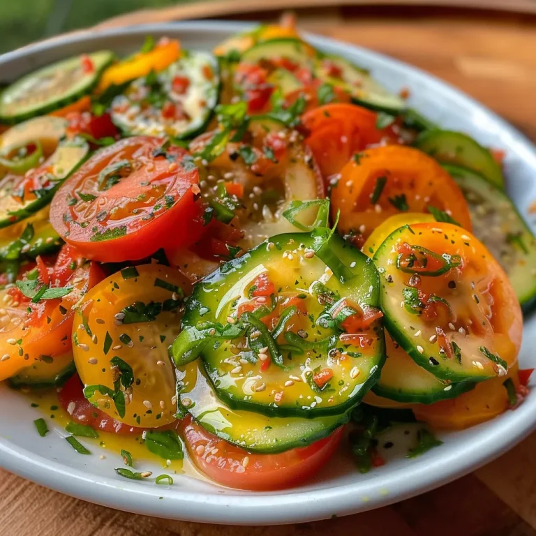 Close-up of a vibrant cucumber and tomato salad with fresh ingredients, viewed from the side.