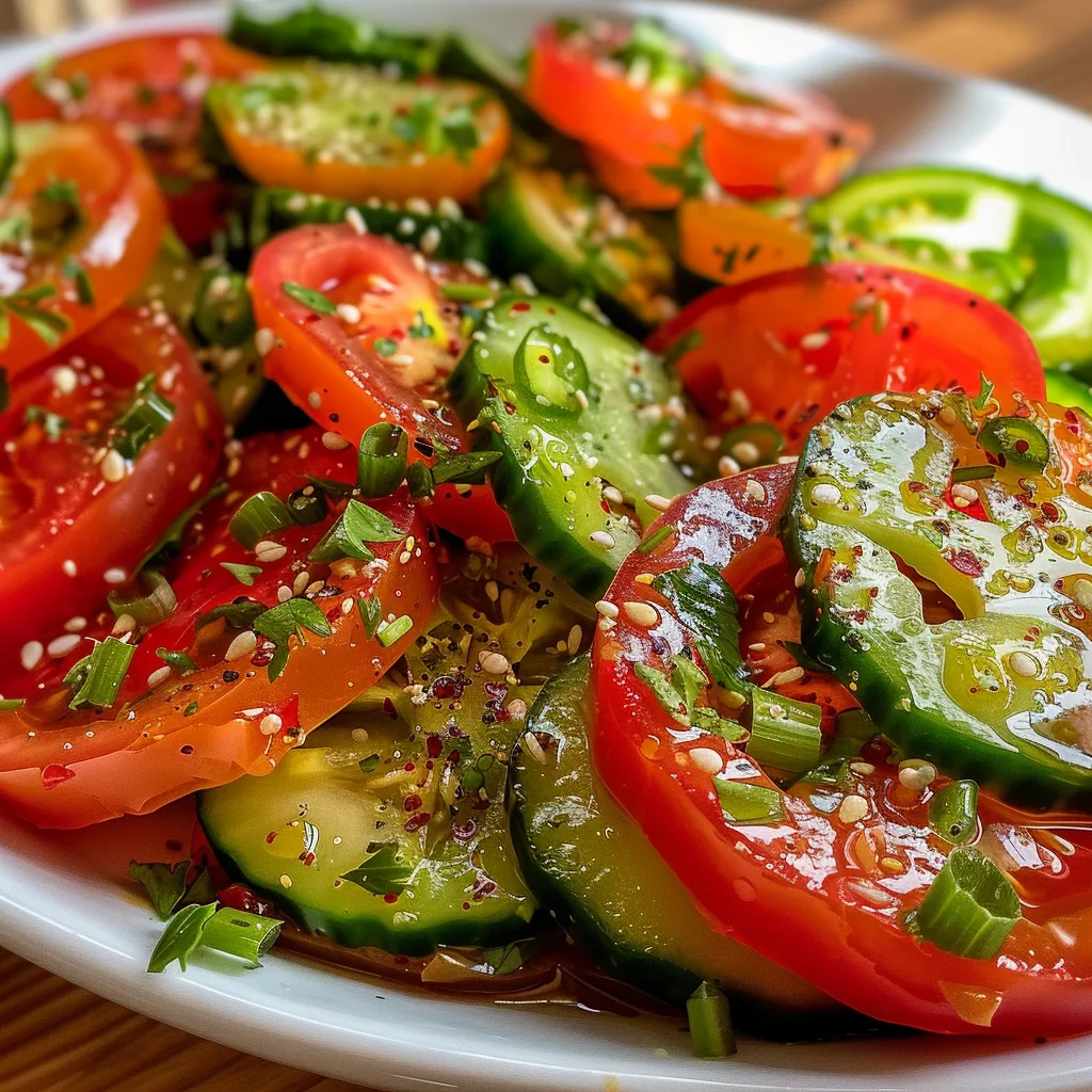 Side view of a juicy cucumber and cherry tomato salad, showcasing its colorful components.