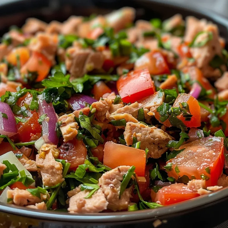 Salada proteica de grão-de-bico com atum em um prato branco, vista lateral.