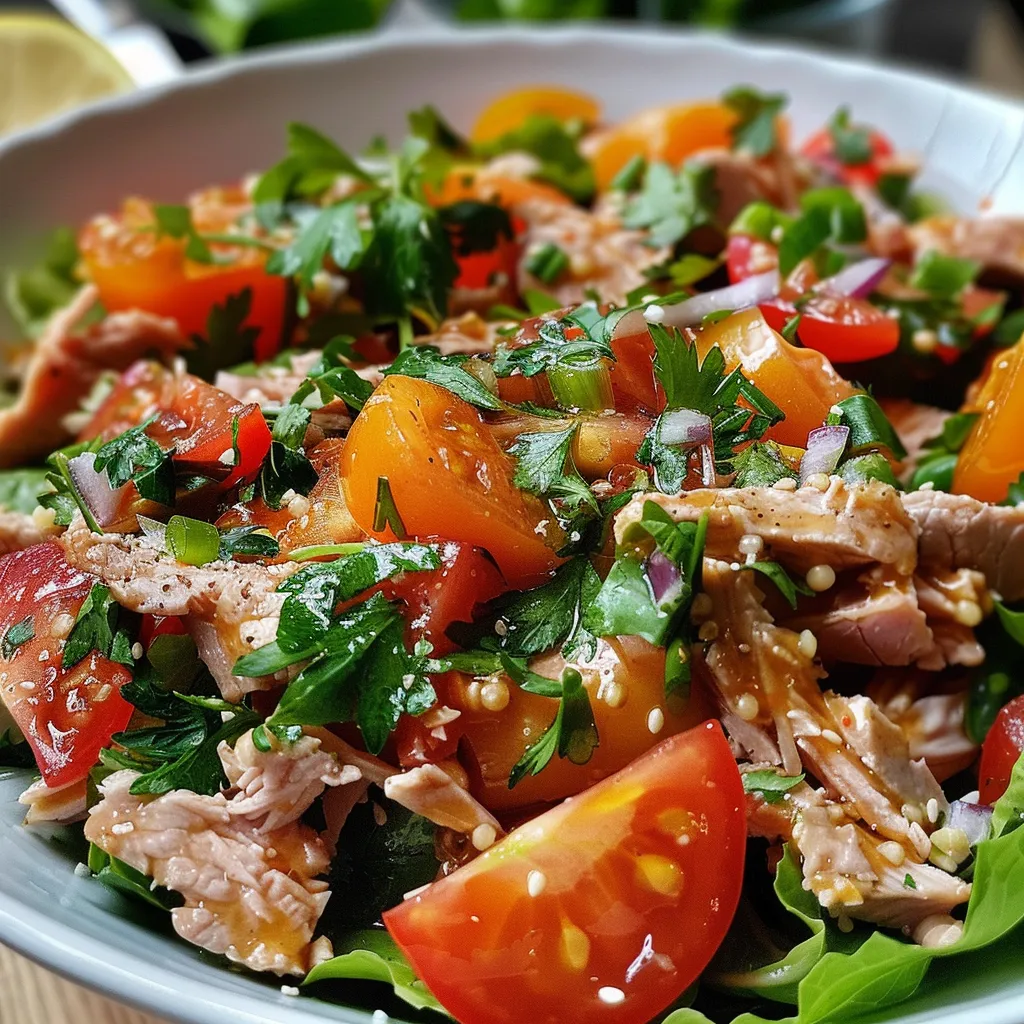 Close-up de uma salada colorida com grão-de-bico, atum e legumes frescos.