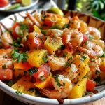 Prato colorido de salada tropical com camarões e ingredientes frescos.