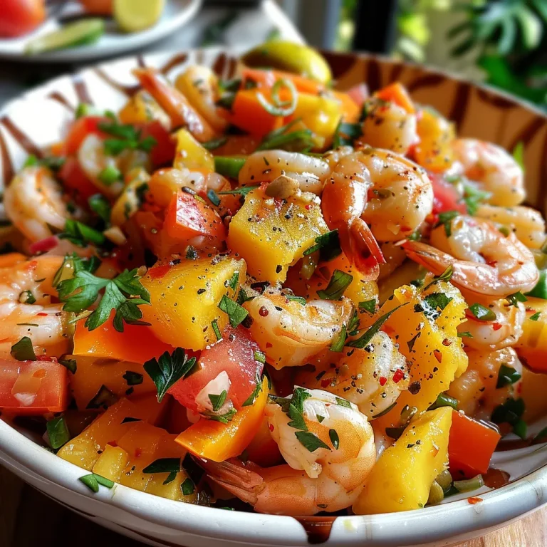 Prato colorido de salada tropical com camarões e ingredientes frescos.
