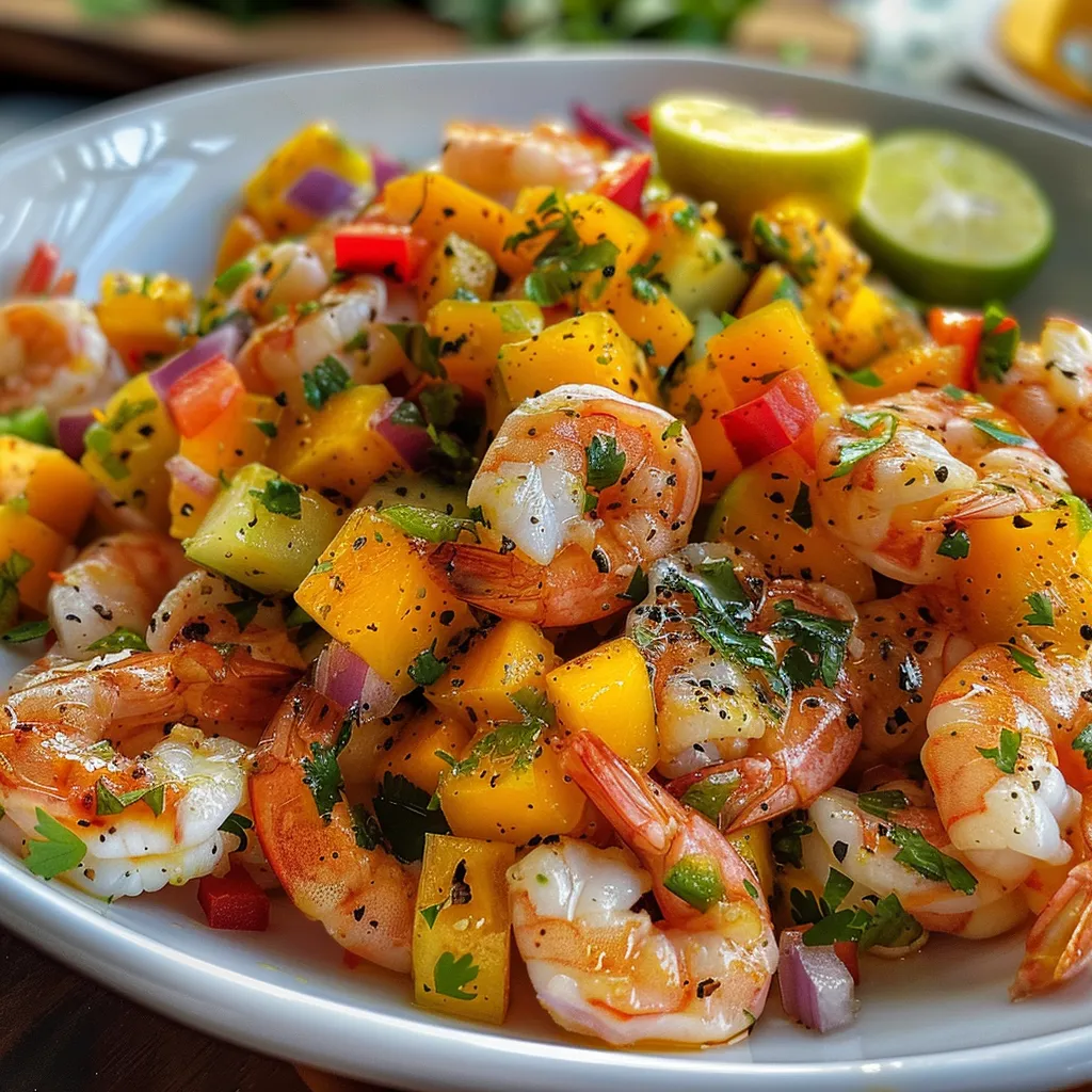 Salada vibrante com camarões grelhados e molho de manga ao lado de alface.