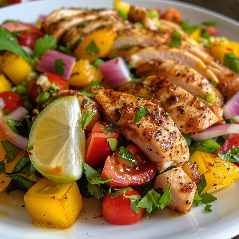 Juicy tropical salad with diced mango, grilled chicken, and vibrant vegetables displayed in a bowl.