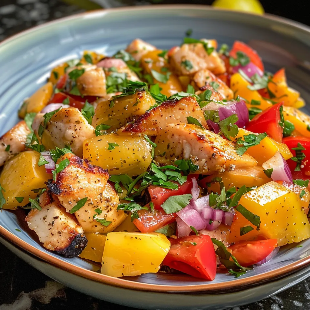 Detailed close-up of a salad with grilled chicken, garnished with mango and fresh greens.