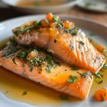 Close-up de filé de salmão grelhado, decorado com molho amarelo vibrante de maracujá.