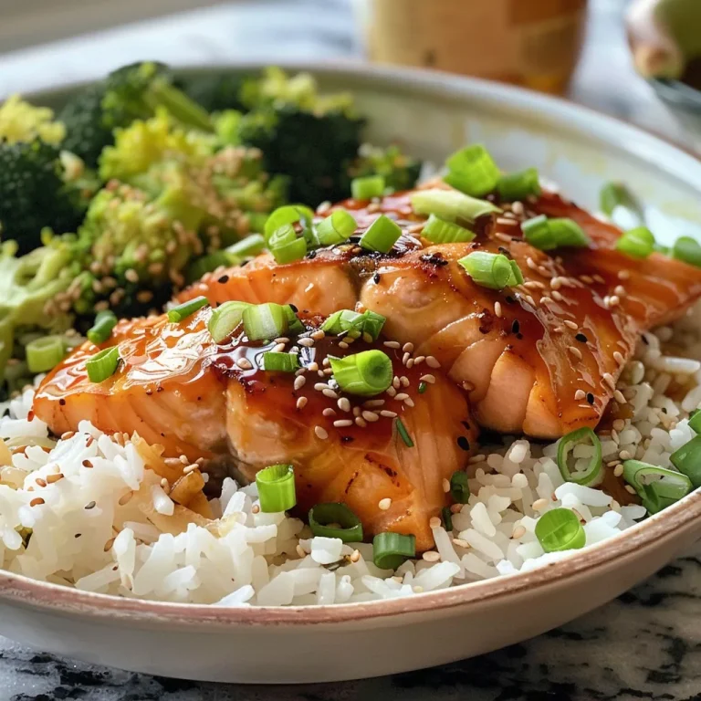 Close-up of a bowl filled with honey garlic salmon bites, cooked rice, and broccoli.