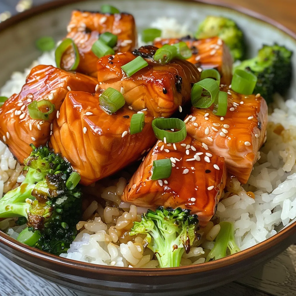 Side view of a delicious salmon dish with honey glaze, rice, and green onions.