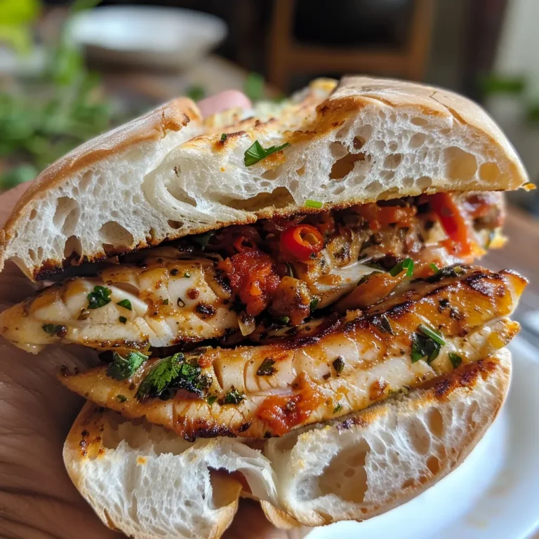 Close-up of a juicy Sanduíche de Salpicão de Frango with visible chicken and vegetables.