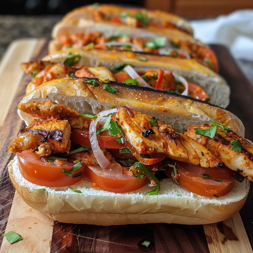 Side view of a fresh sandwich filled with shredded chicken and colorful vegetables.