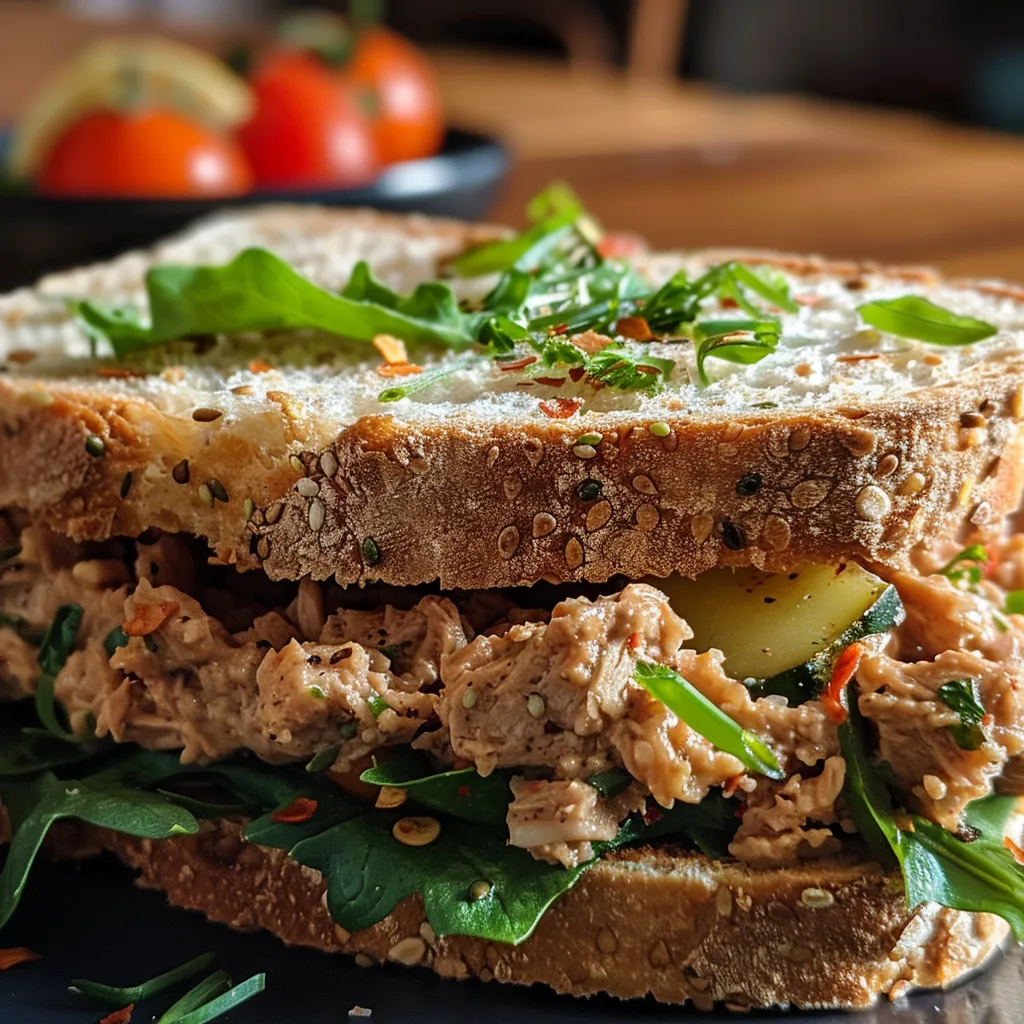 Sanduíche de atum bem montado, com ingredientes coloridos e frescos em destaque.