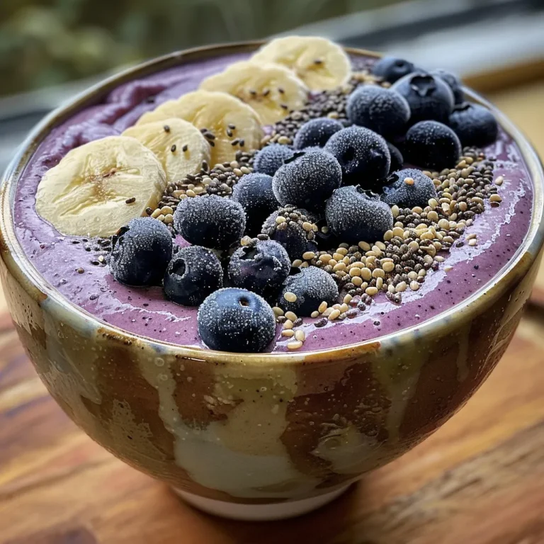 Tigela de smoothie de banana e blueberry, com textura cremosa e cores vibrantes.