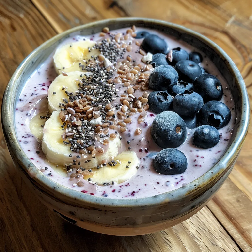 Close-up de uma tigela de smoothie bowl, destacando blueberries e banana congelada.