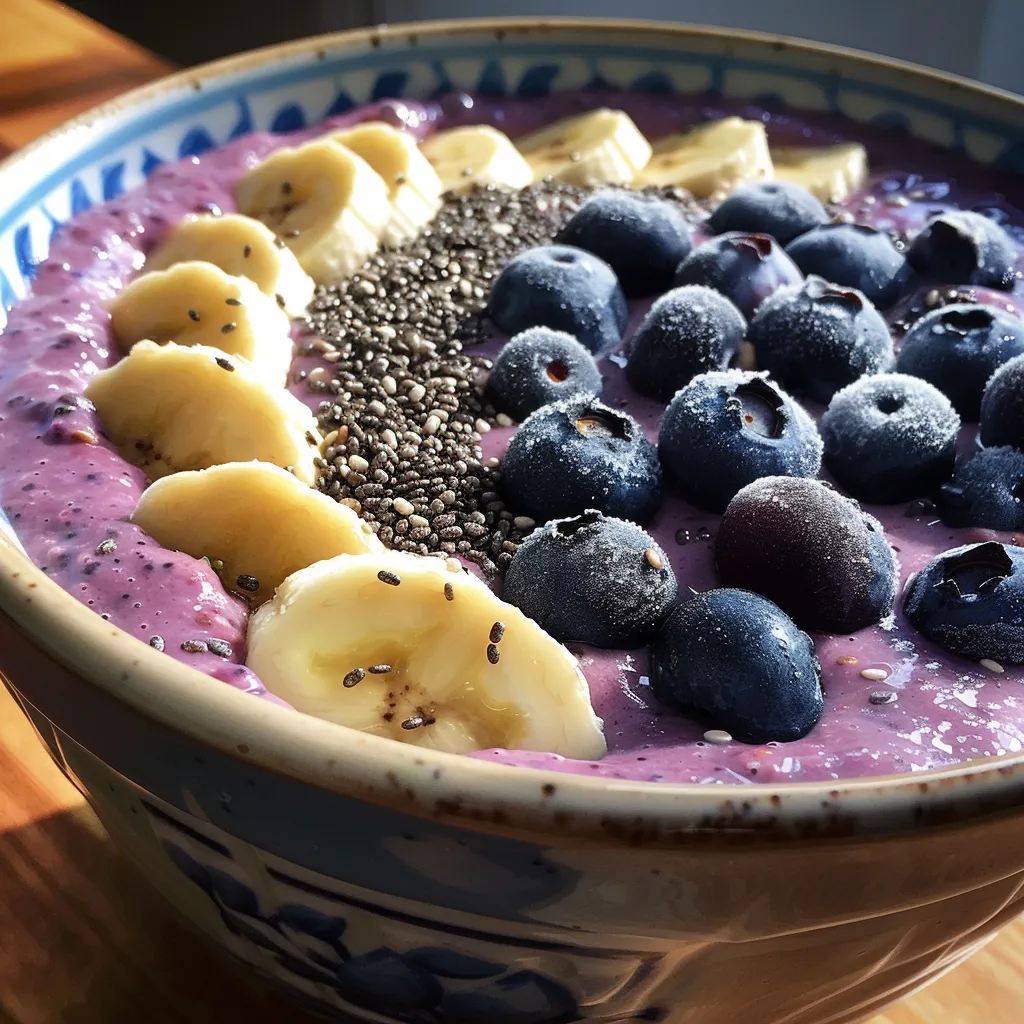 Close-up de um smoothie bowl colorido, feito com bananas, mirtilos e sementes de chia.
