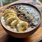 Close-up de uma tigela de smoothie de coco espesso e cremoso, com camadas de banana.
