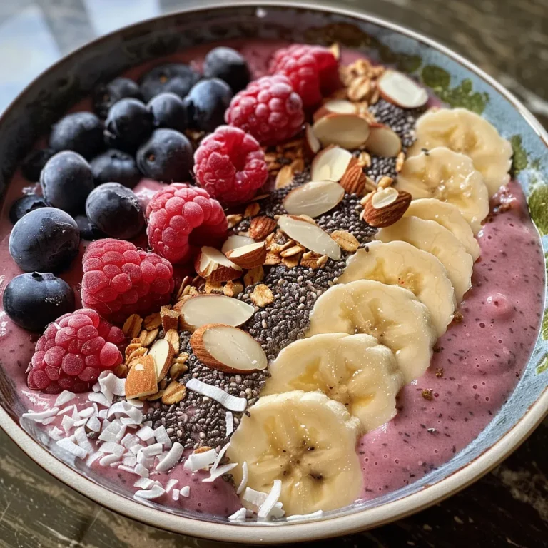 Close-up de uma tigela de smoothie de frutas, com framboesas e banana, decorada com amêndoas.