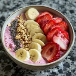 Uma tigela de smoothie de morango e banana, com camadas de frutas frescas e granola.