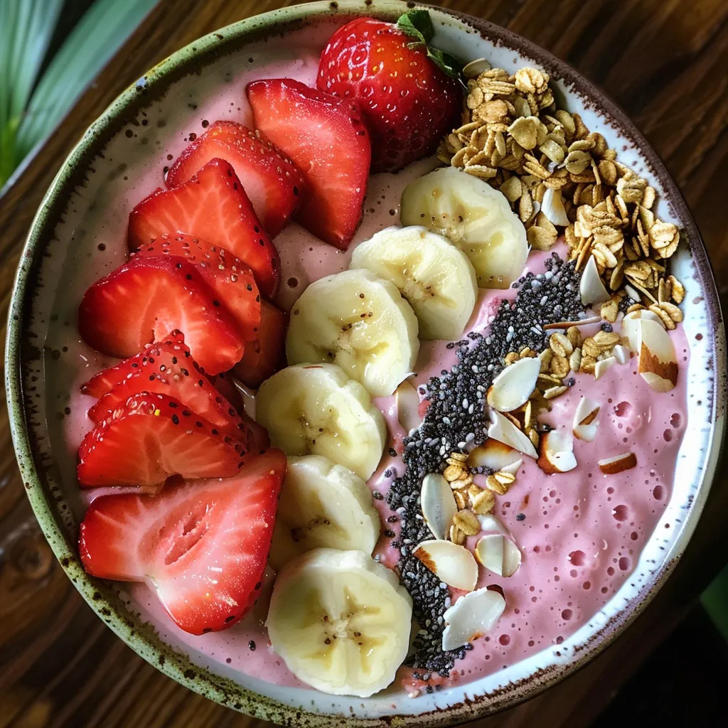 Close-up de uma smoothie bowl vibrante, decorada com rodelas de banana e morango.