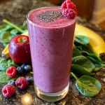 Close-up of a vibrant berry banana smoothie in a clear glass.