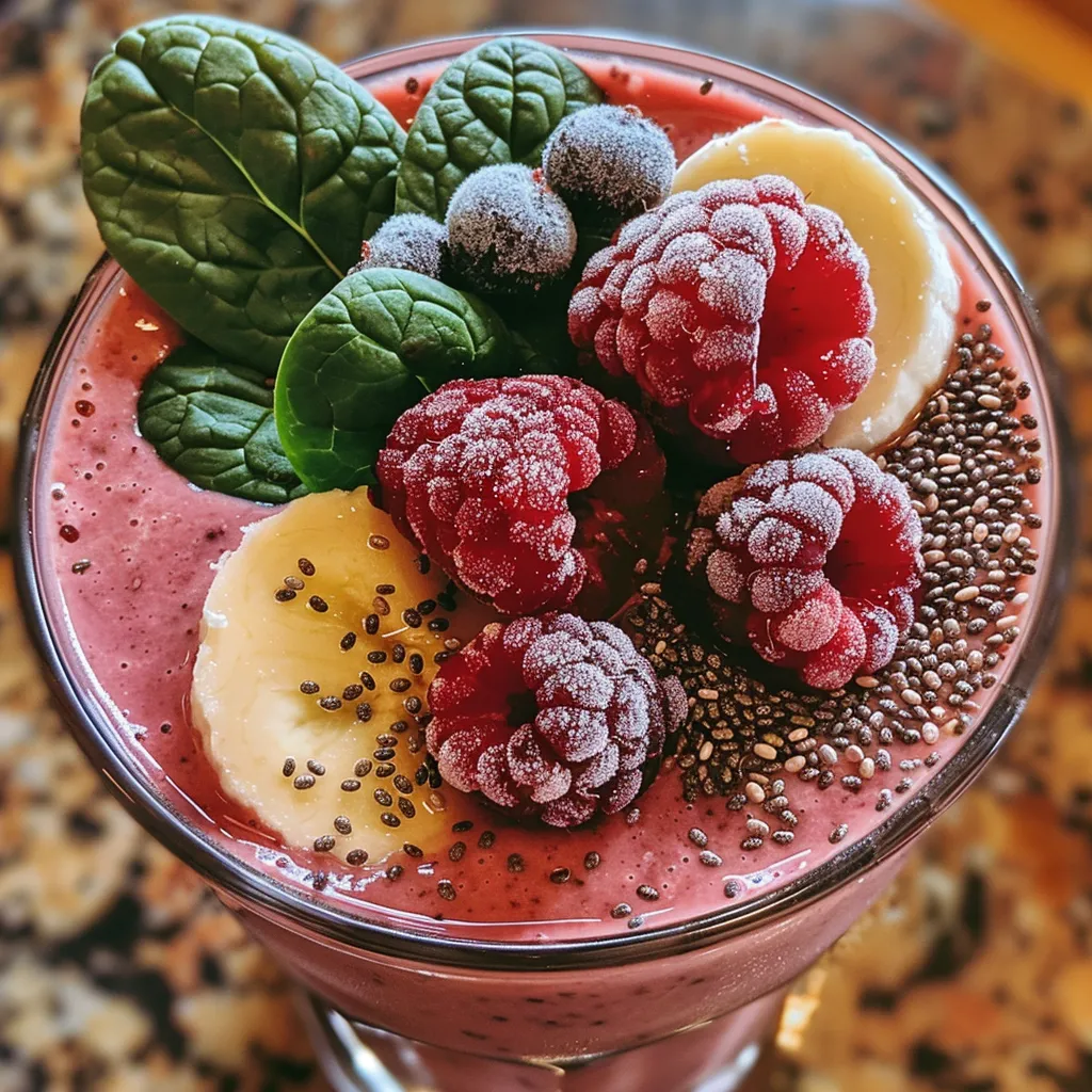 Side view of a colorful smoothie with mixed berries and spinach.