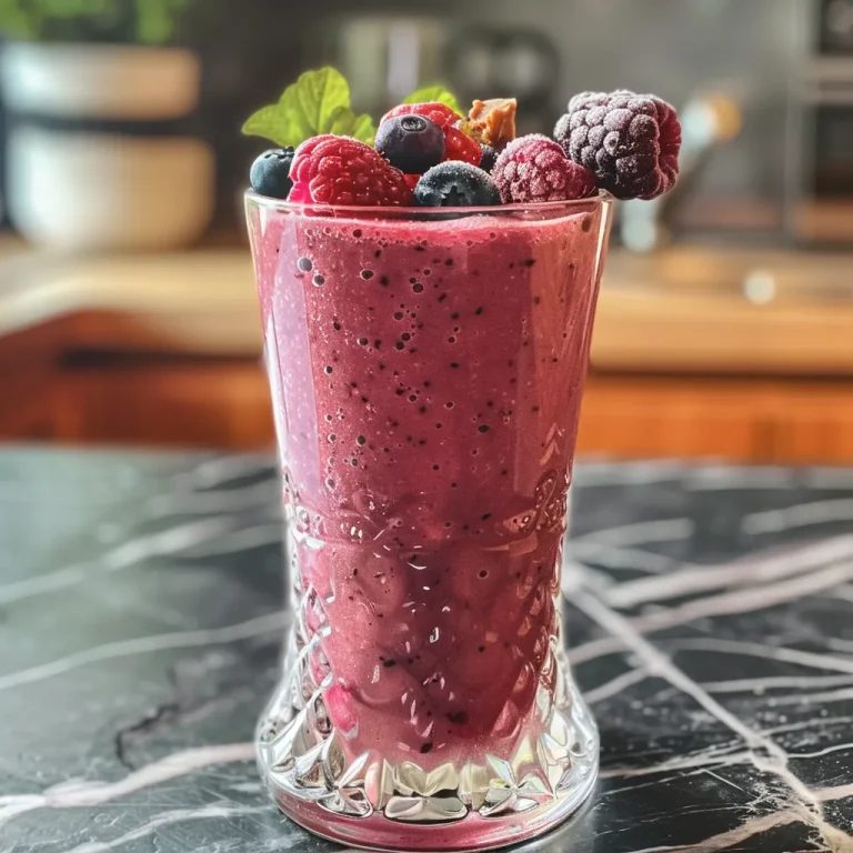 Um smoothie de frutas vermelhas cremoso em um copo transparente, decorado com frutas frescas.