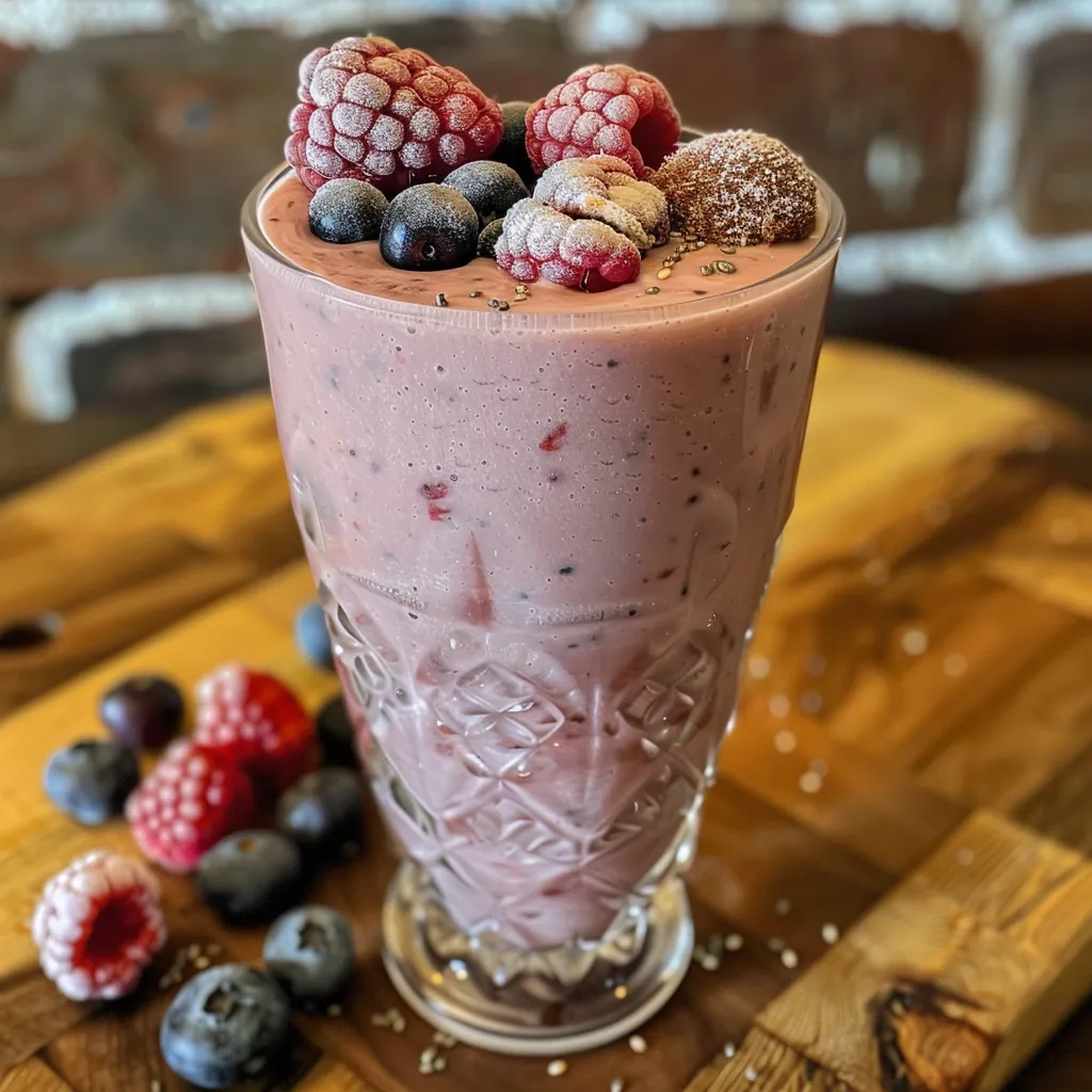 Close-up de um smoothie vibrante de frutas vermelhas em uma mesa, com gelo visível.