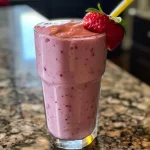 Close-up of a creamy strawberry smoothie in a glass with fresh strawberries beside it.