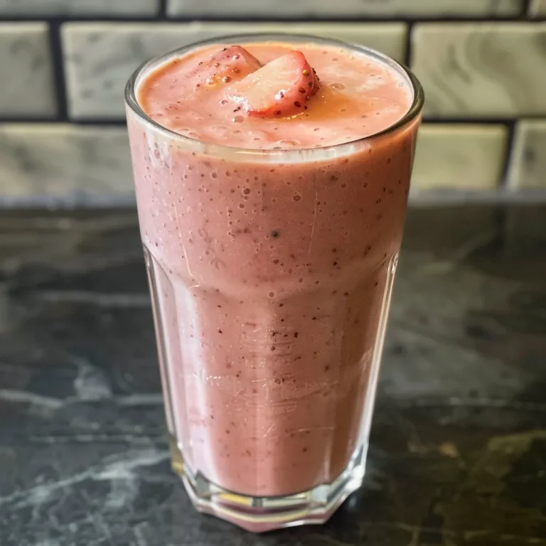 Smoothie de morango e baunilha em copo transparente, com frutas frescas ao fundo.