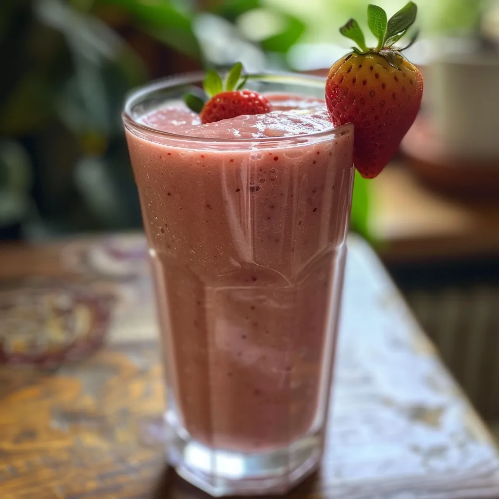 Close up de um smoothie cremoso, com uma camada de creme por cima.