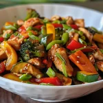 Close-up of a colorful chicken and veggie stir-fry in a bowl.