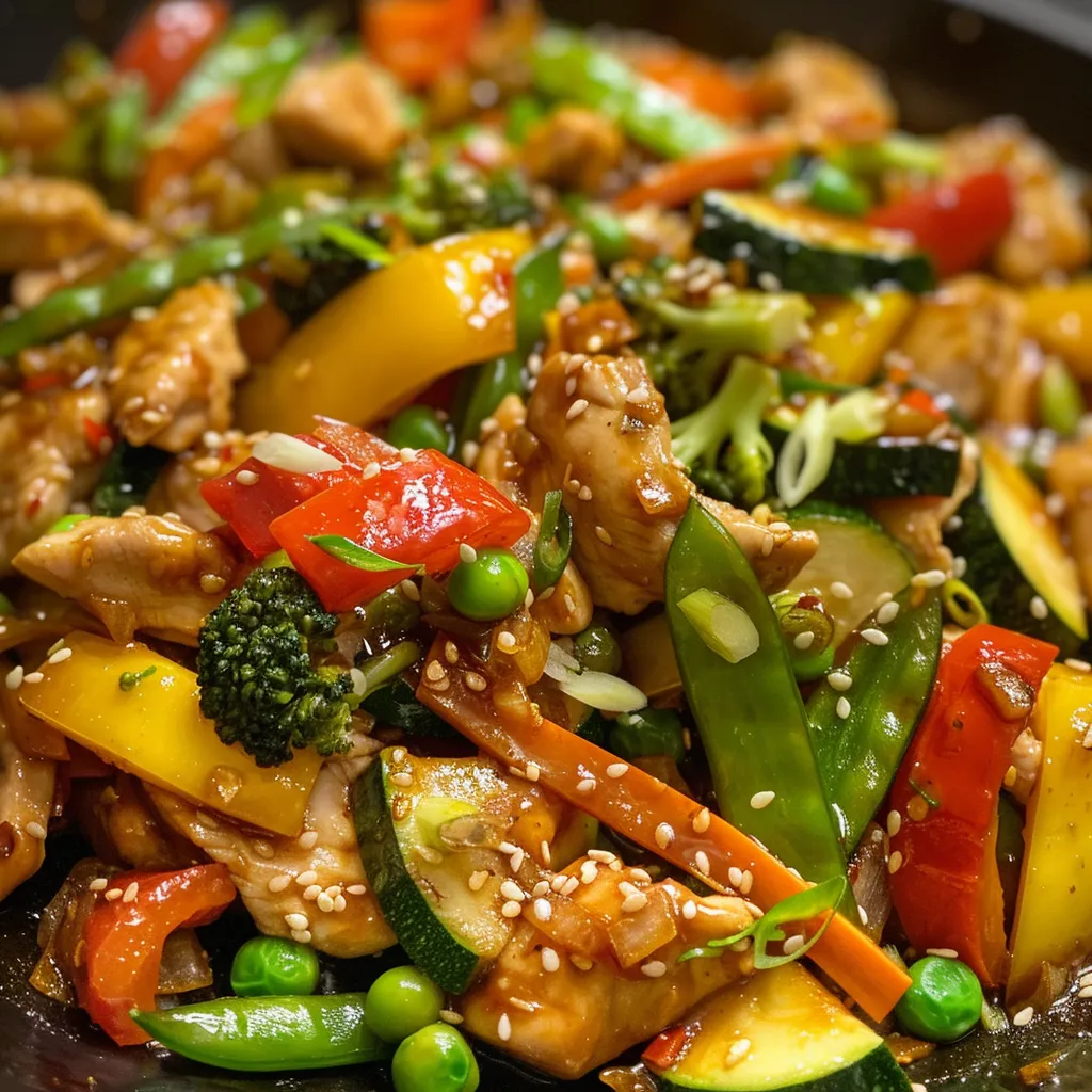 Side view of a delicious stir-fry with chicken and mixed vegetables.