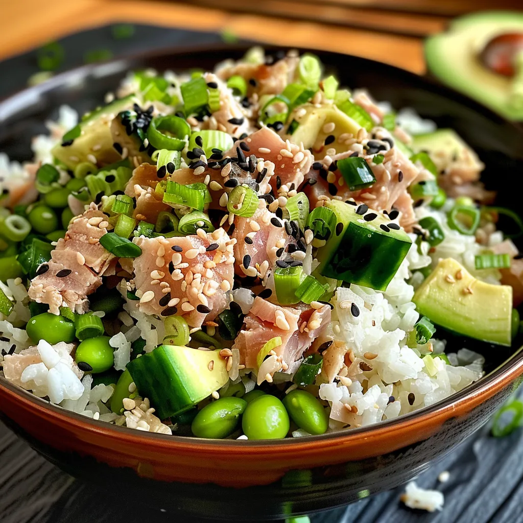 Close-up de um prato de arroz com atum, avocado e edamame, focado nas camadas de ingredientes.