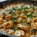 Tigela de arroz com frango e espinafre, vista lateral, com cremosidade visível.