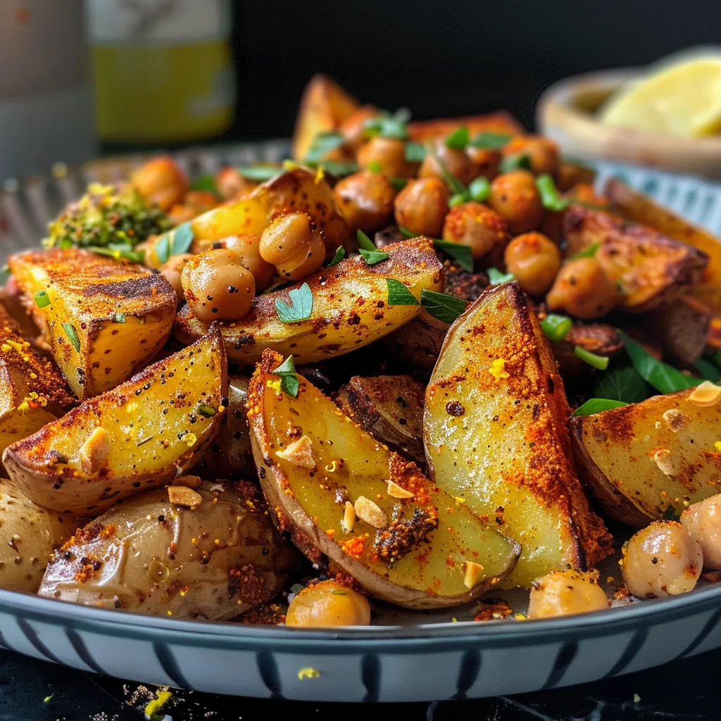 Vista lateral de uma tigela de batata assada, destacando os ingredientes frescos.