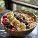 Tigela de iogurte grego com manteiga de amendoim, coberta com fatias de banana e frutas vermelhas.