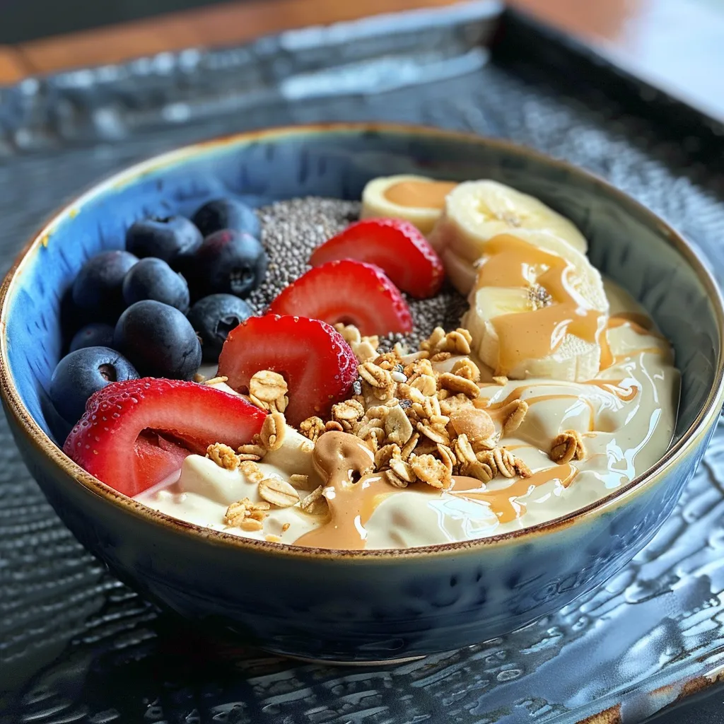 Close-up de uma tigela de iogurte com granola e chia, decorada com frutas frescas.