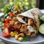 Tigelas de burrito de frango com ingredientes coloridos dispostos artisticamente.