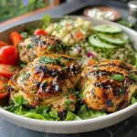 Tigelas de Frango Grego com arroz, tomates, pepino e alface.