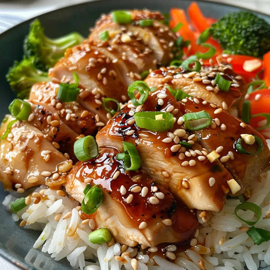 Close-up de frango teriyaki servido em uma tigela com vegetais frescos e arroz.