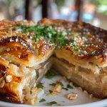 Fatia de Torta de atum de liquidificador com recheio suculento vista lateral.