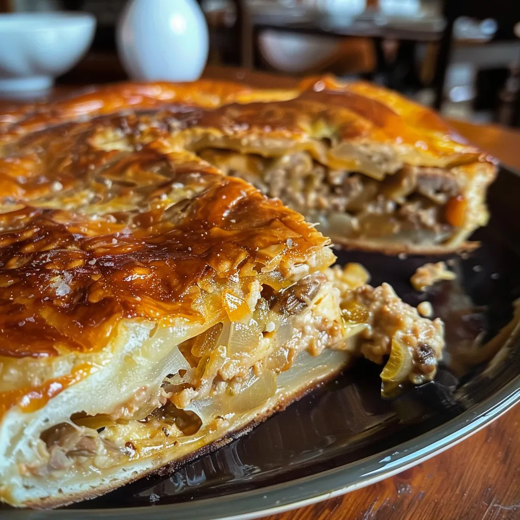Close up de Torta de atum de liquidificador com camadas visíveis de ingredientes.