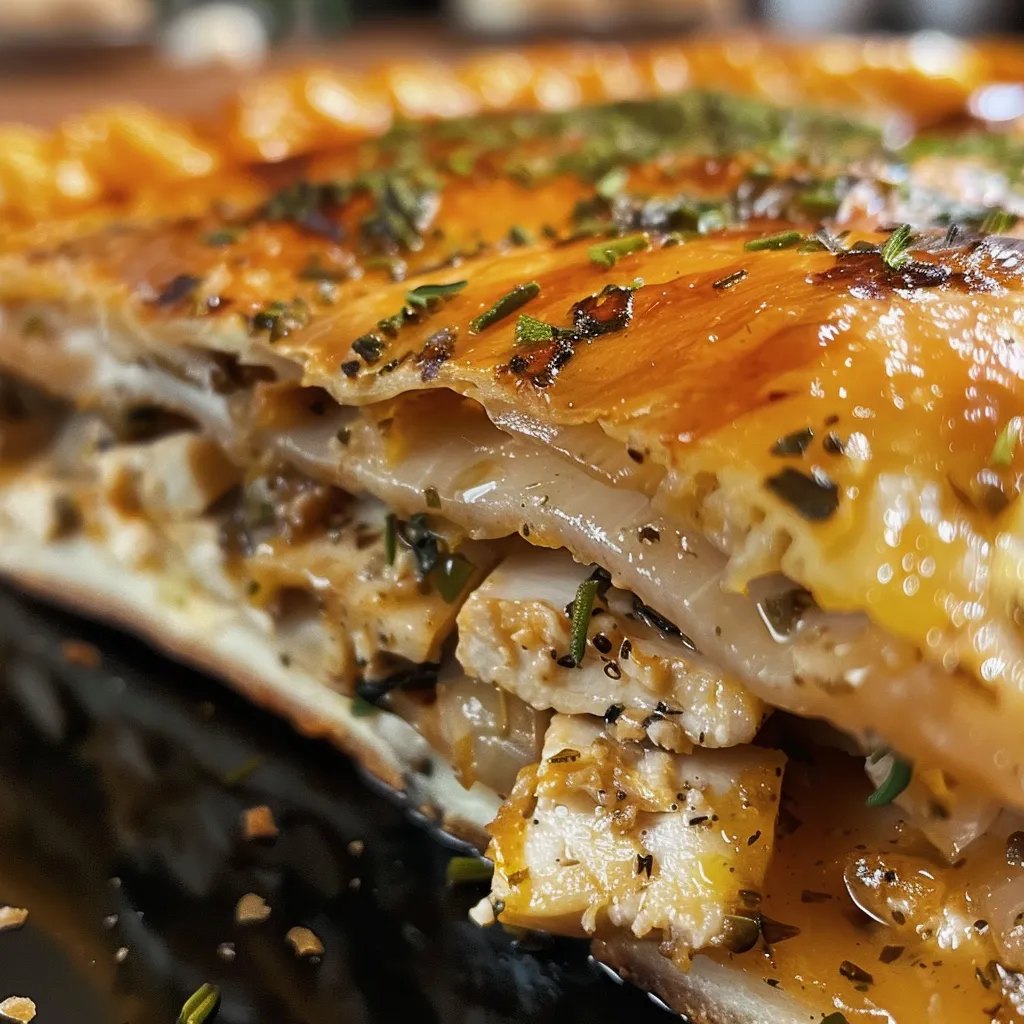 Visão lateral de uma Torta de Frango com Requeijão, mostrando seu recheio cremoso e dourado.