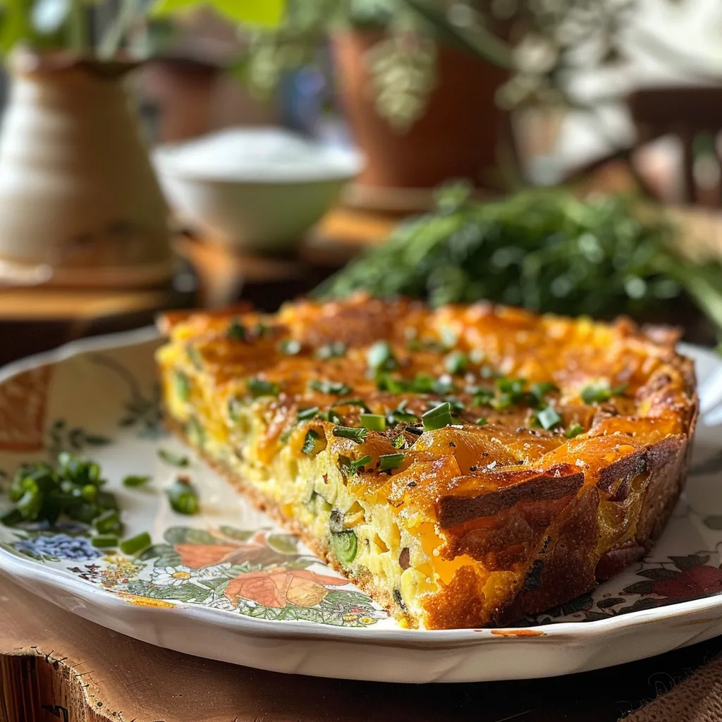 Side view of a hearty Torta de legumes fácil, with visible layers of vegetables and cheese.